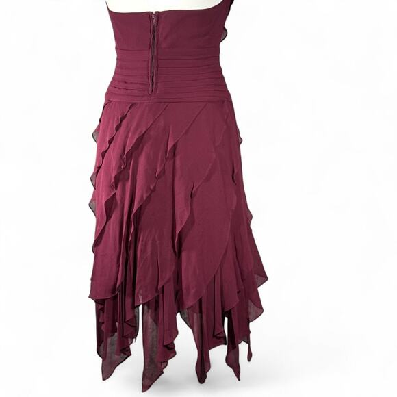 NWT VTG‎ Tadashi 100% Silk Ruffle Asymmetrical Halter Dress US 8P Y2K Burgundy - Picture 12 of 16